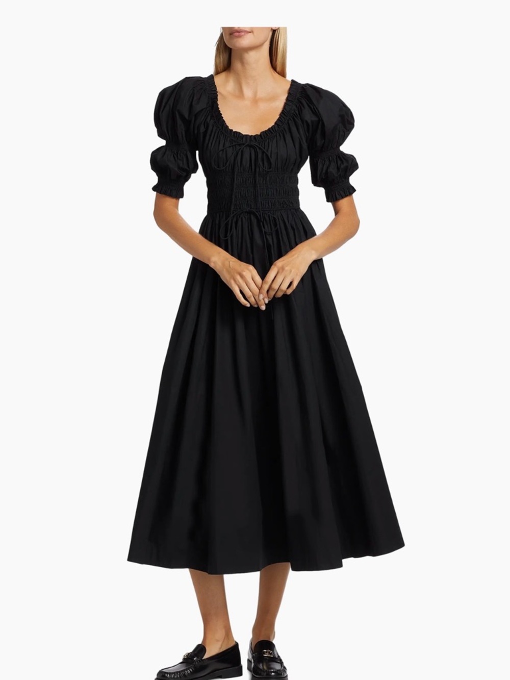 Doen Black Smocked Puff-Sleeve Midi Dress with Scoop Neck